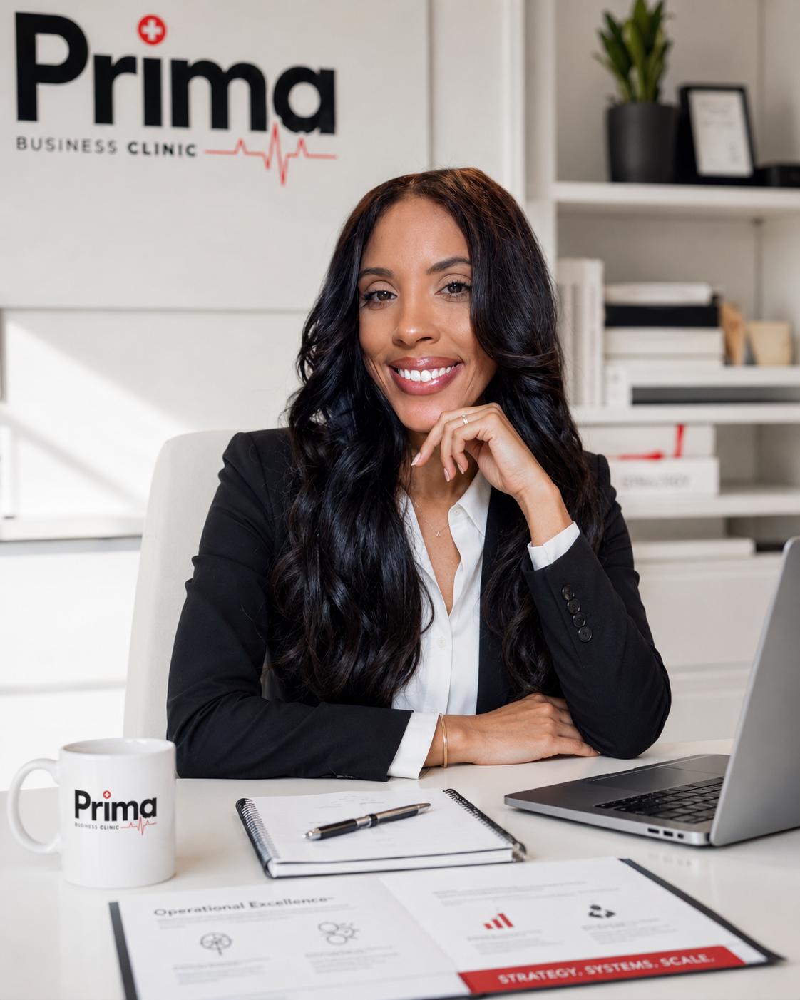 Founder of Prima Business Clinic at her desk